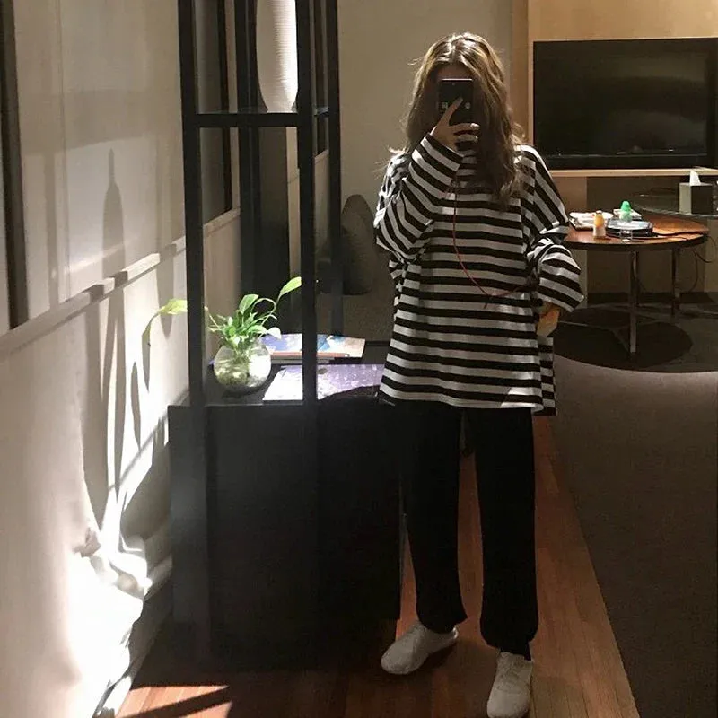 Women harajuku Striped Tshirt Long Sleeve O-Neck T-Shirts oversized T Shirt