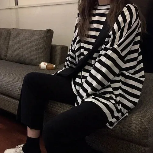 Women harajuku Striped Tshirt Long Sleeve O-Neck T-Shirts oversized T Shirt