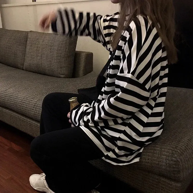 Women harajuku Striped Tshirt Long Sleeve O-Neck T-Shirts oversized T Shirt