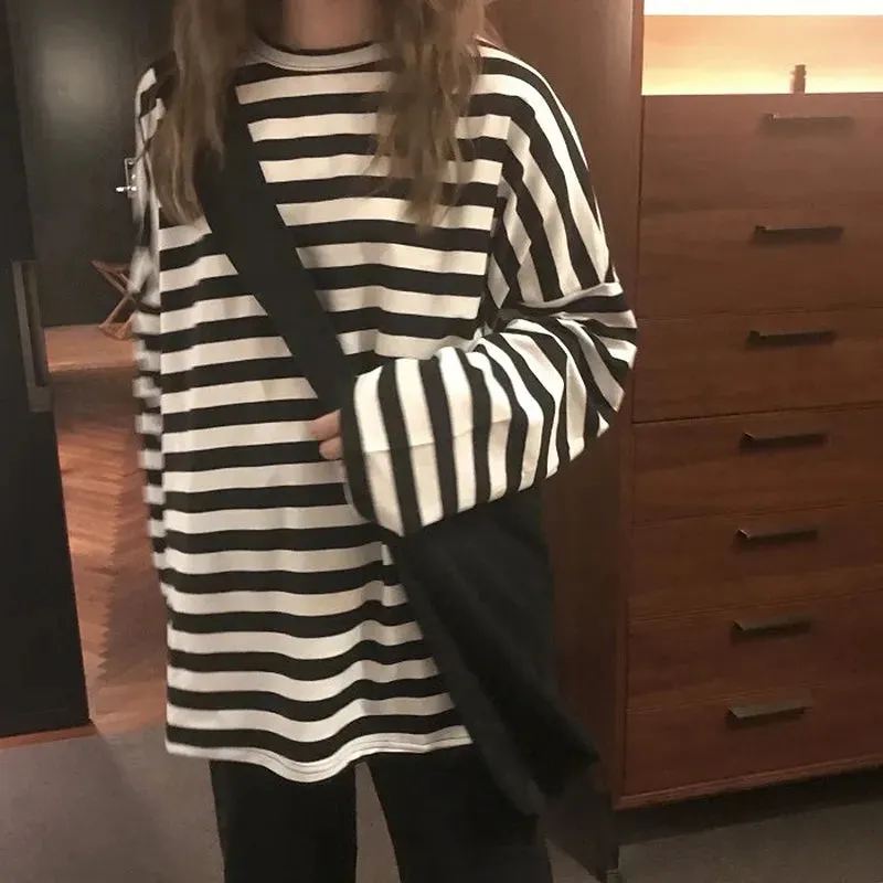 Women harajuku Striped Tshirt Long Sleeve O-Neck T-Shirts oversized T Shirt