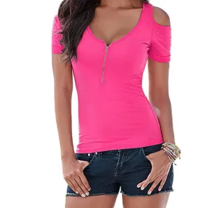 Women Ladies Slim Zip V Neck Off Shoulder T Shirts Casual Cotton Tee Shirt Tops