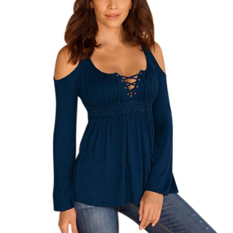 Women Long Sleeve Off Shoulder Lace Deep V Neck T-Shirt Tees Casual Slim Tops T Shirt Plus Size