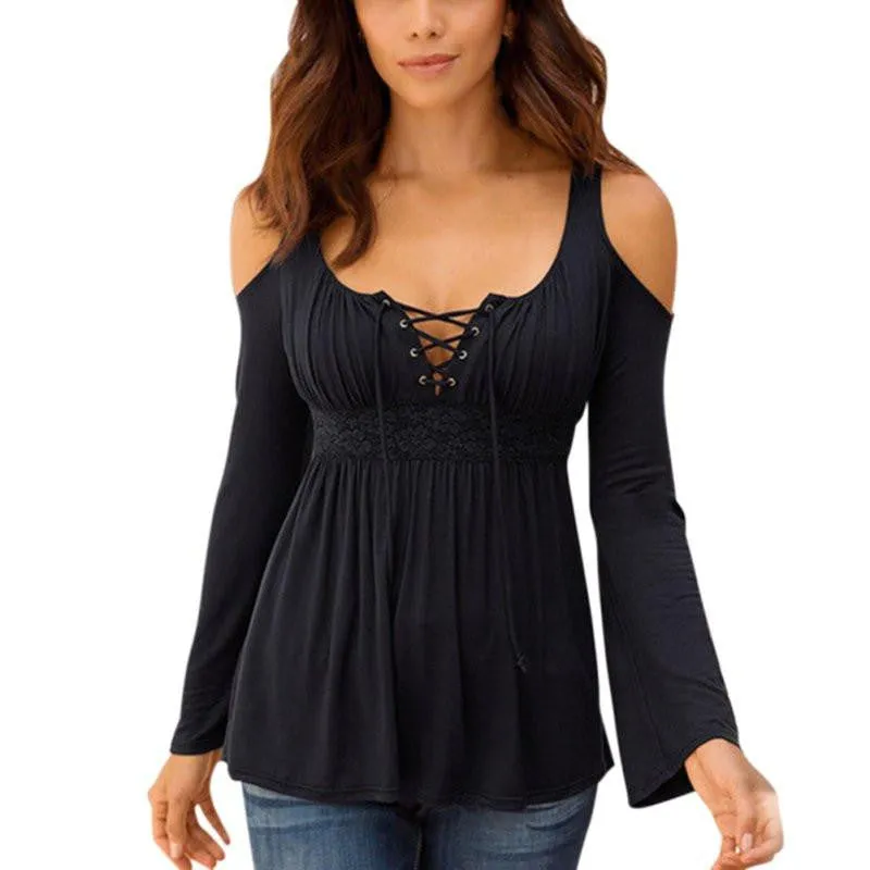 Women Long Sleeve Off Shoulder Lace Deep V Neck T-Shirt Tees Casual Slim Tops T Shirt Plus Size