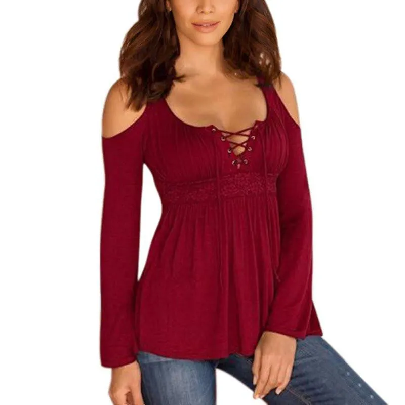 Women Long Sleeve Off Shoulder Lace Deep V Neck T-Shirt Tees Casual Slim Tops T Shirt Plus Size