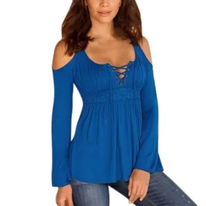 Women Long Sleeve Off Shoulder Lace Deep V Neck T-Shirt Tees Casual Slim Tops T Shirt Plus Size