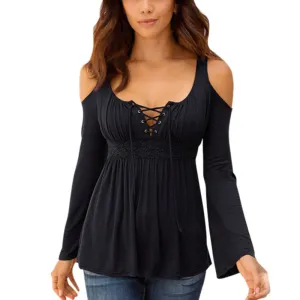 Women Long Sleeve Off Shoulder Lace Up Neck Shirt Casual Slim Tops Blouse S1