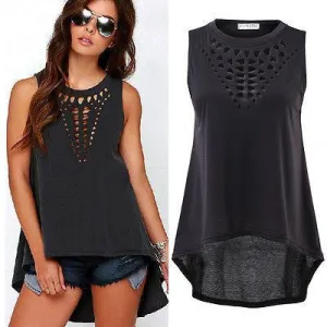 Women Retro Hollow Tank Tops Vest Top Sleeveless Casual Loose Shirt