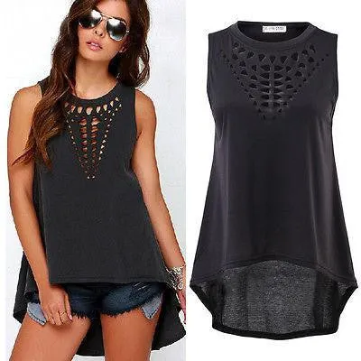 Women Retro Hollow Tank Tops Vest Top Sleeveless Casual Loose Shirt