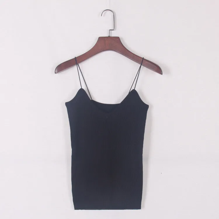 Women Summer Elastic Slim Sleeveless Spaghetti Strap Vest Casual Camis Base Crochet Knit Tank Tops