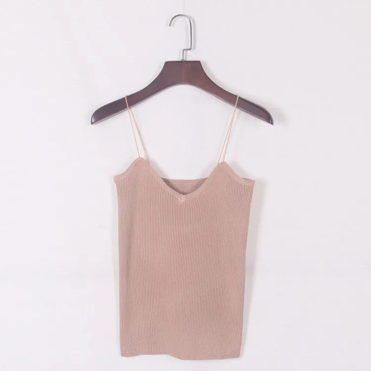 Women Summer Elastic Slim Sleeveless Spaghetti Strap Vest Casual Camis Base Crochet Knit Tank Tops