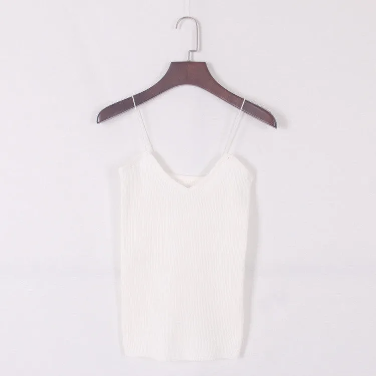 Women Summer Elastic Slim Sleeveless Spaghetti Strap Vest Casual Camis Base Crochet Knit Tank Tops