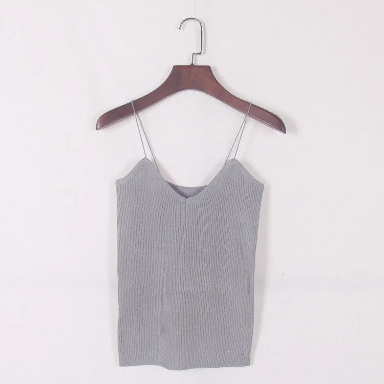 Women Summer Elastic Slim Sleeveless Spaghetti Strap Vest Casual Camis Base Crochet Knit Tank Tops