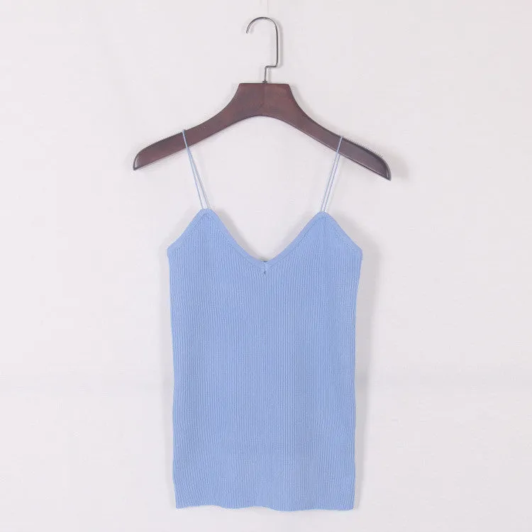 Women Summer Elastic Slim Sleeveless Spaghetti Strap Vest Casual Camis Base Crochet Knit Tank Tops