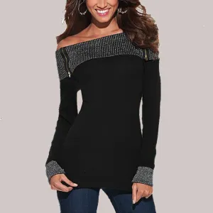 Women T Shirt Off The Shoulder Zipper Long Sleeve Thin Tops T-shirt Plus Size Casual Slim Bodycon