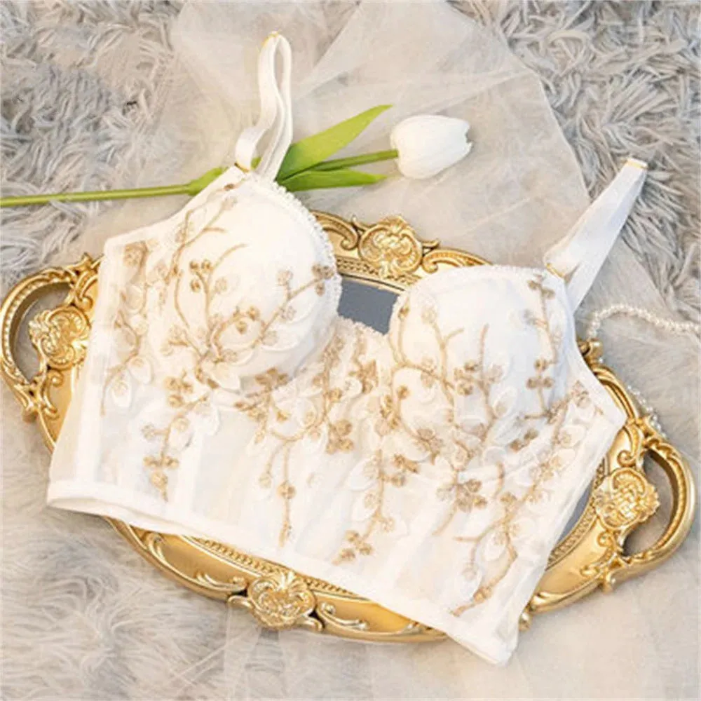 Women's Embroidered Bra Sexy Lace Flower Corset Sleeveless Widened Breasted With Steel Ring 2/1 Half Cup Bralette Underwear Tops