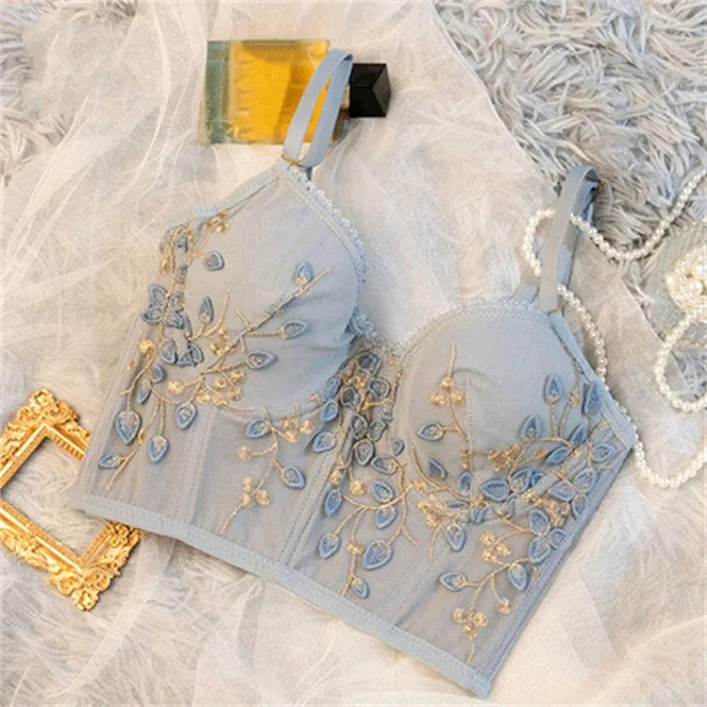 Women's Embroidered Bra Sexy Lace Flower Corset Sleeveless Widened Breasted With Steel Ring 2/1 Half Cup Bralette Underwear Tops