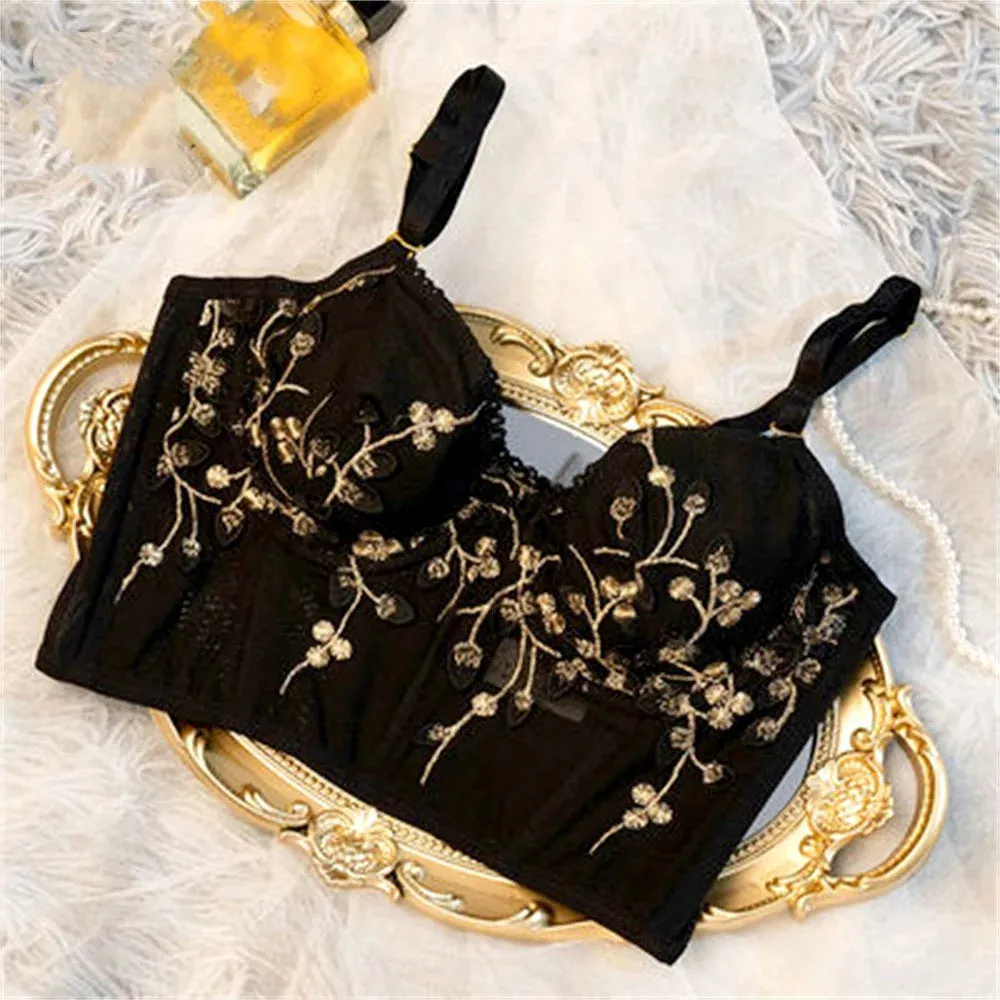 Women's Embroidered Bra Sexy Lace Flower Corset Sleeveless Widened Breasted With Steel Ring 2/1 Half Cup Bralette Underwear Tops