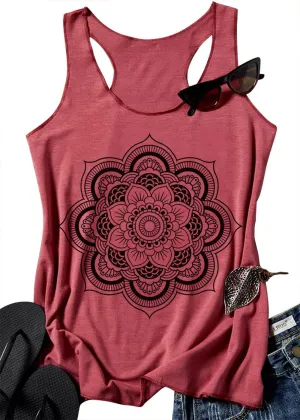 Womens Mandala Vintage Graphic Racerback Tank Tops Summer Casual Loose O-Neck Tanks Vest Vacation Classic-Fit Shirt Cami (Brick Red, Medium)