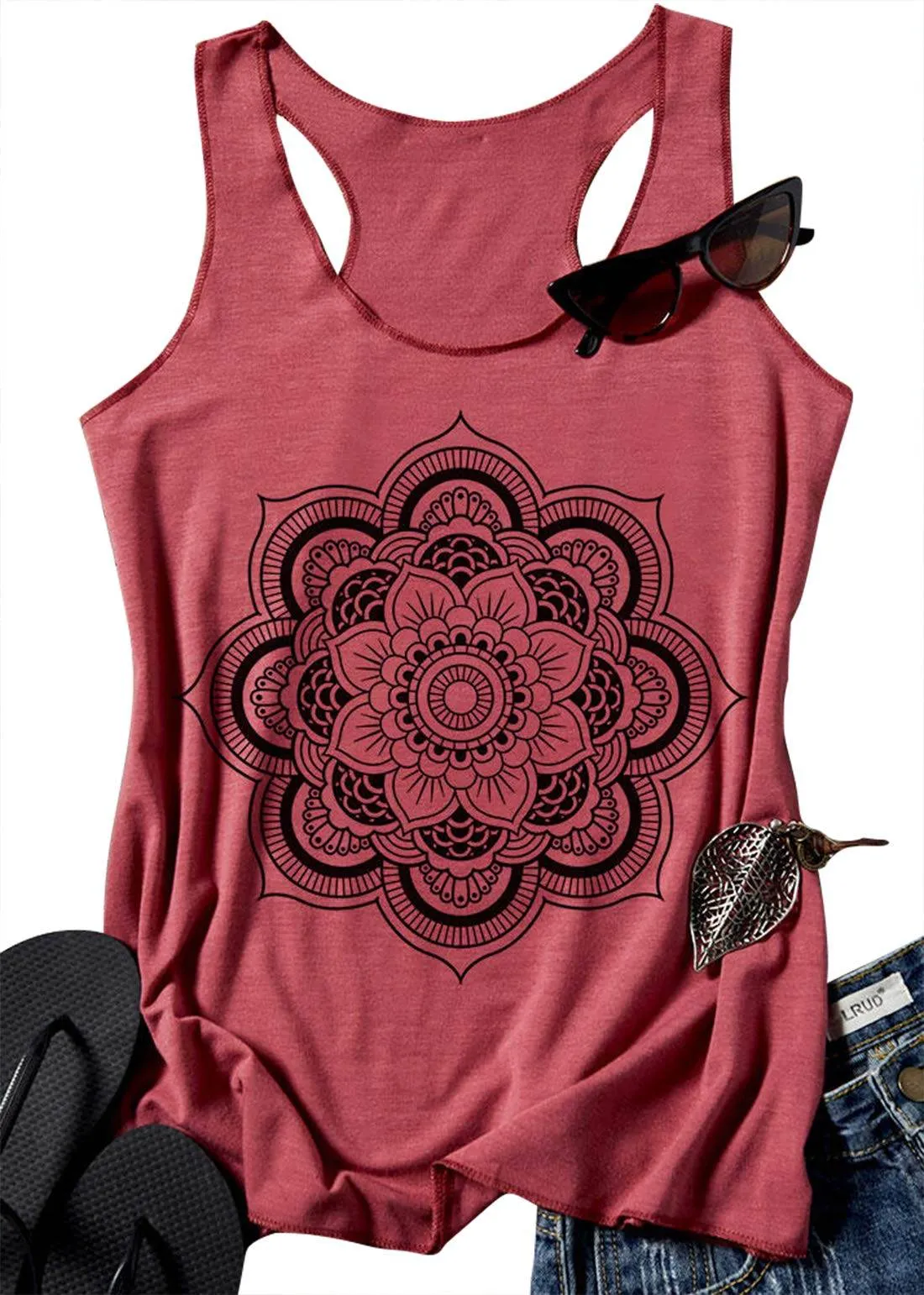 Womens Mandala Vintage Graphic Racerback Tank Tops Summer Casual Loose O-Neck Tanks Vest Vacation Classic-Fit Shirt Cami (Brick Red, Medium)