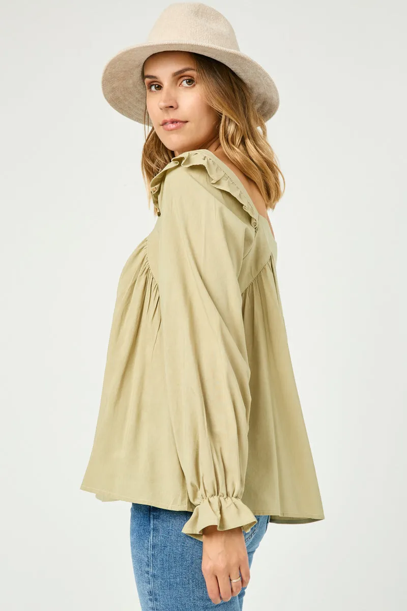 Womens Ruffle Shoulder Long Sleeve Top