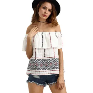 Womens Tops Fashion Off The Shoulder Blouse Style Multicolor Ruffle Half Sleeve Vintage Blouses