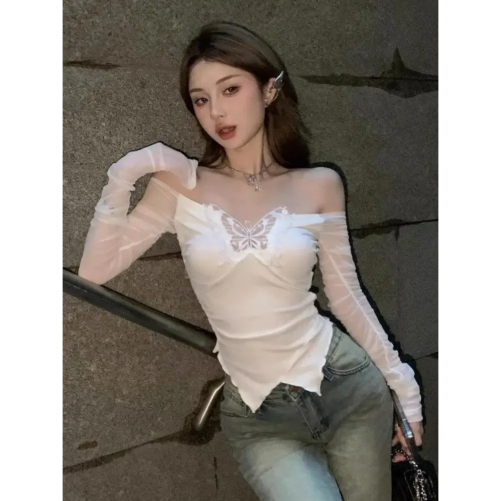 Y2K Butterfly Off-Shoulder Top with Whimsical Design