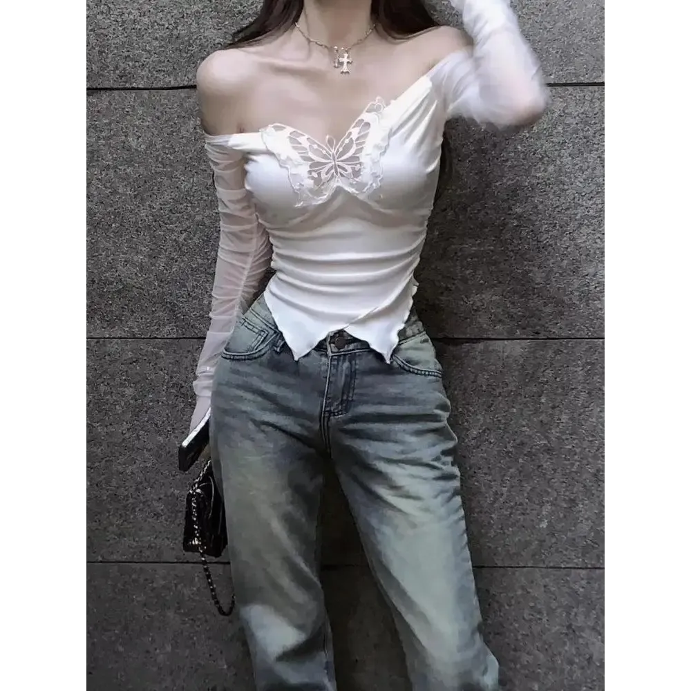 Y2K Butterfly Off-Shoulder Top with Whimsical Design