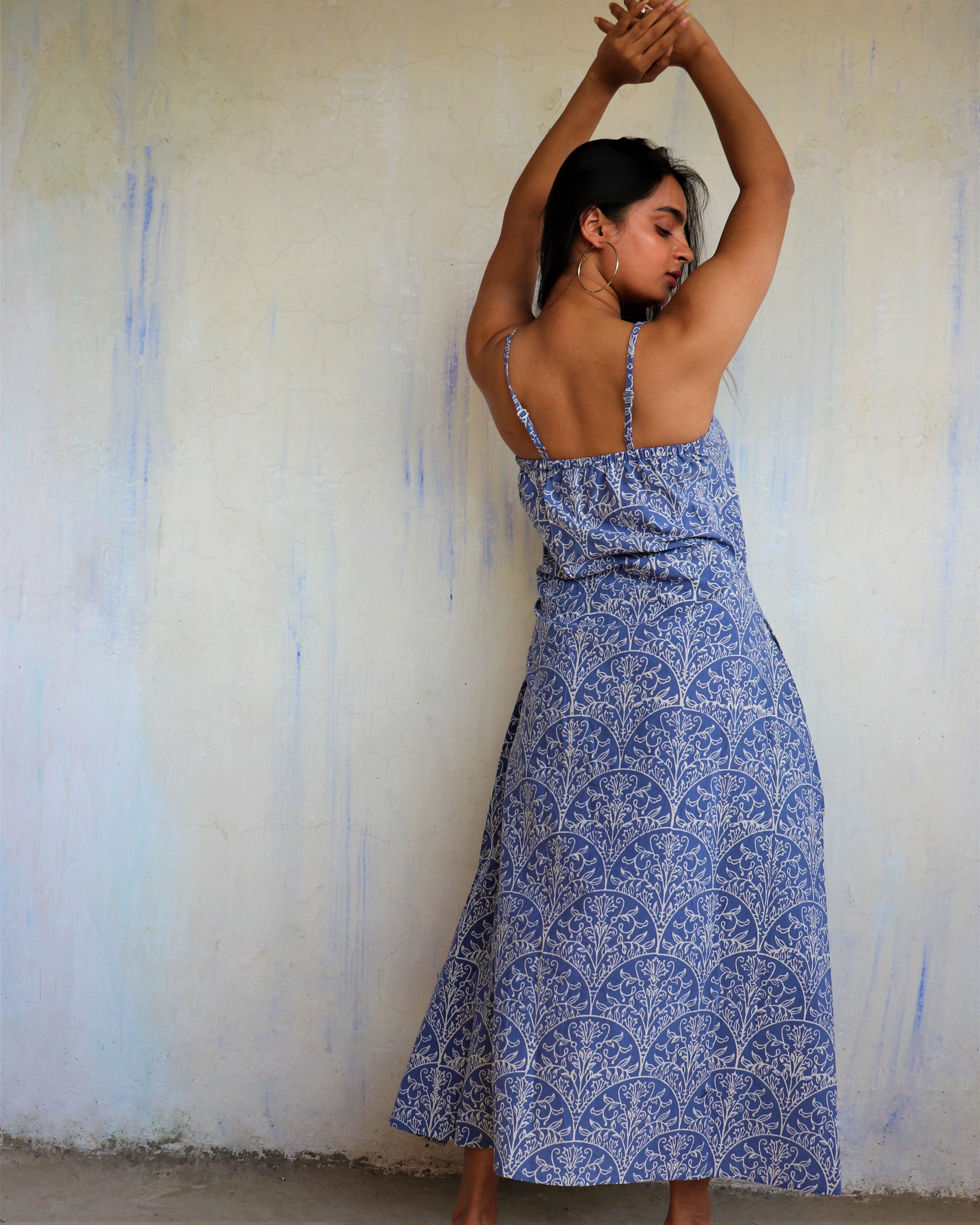 Yale Blue Sleeveless Block  Printed Cotton Dress - Ib