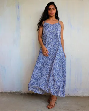Yale Blue Sleeveless Block  Printed Cotton Dress - Ib
