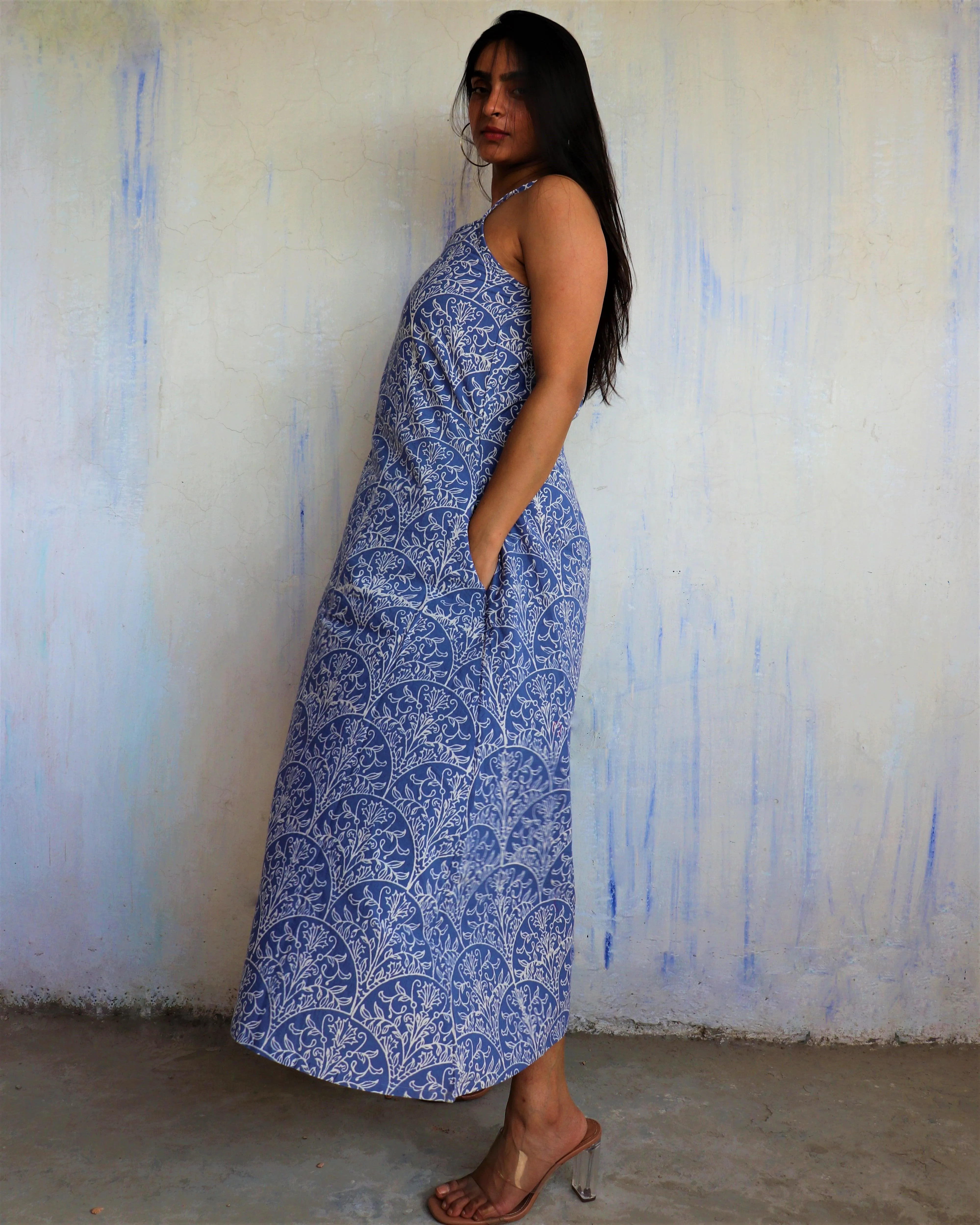 Yale Blue Sleeveless Block  Printed Cotton Dress - Ib