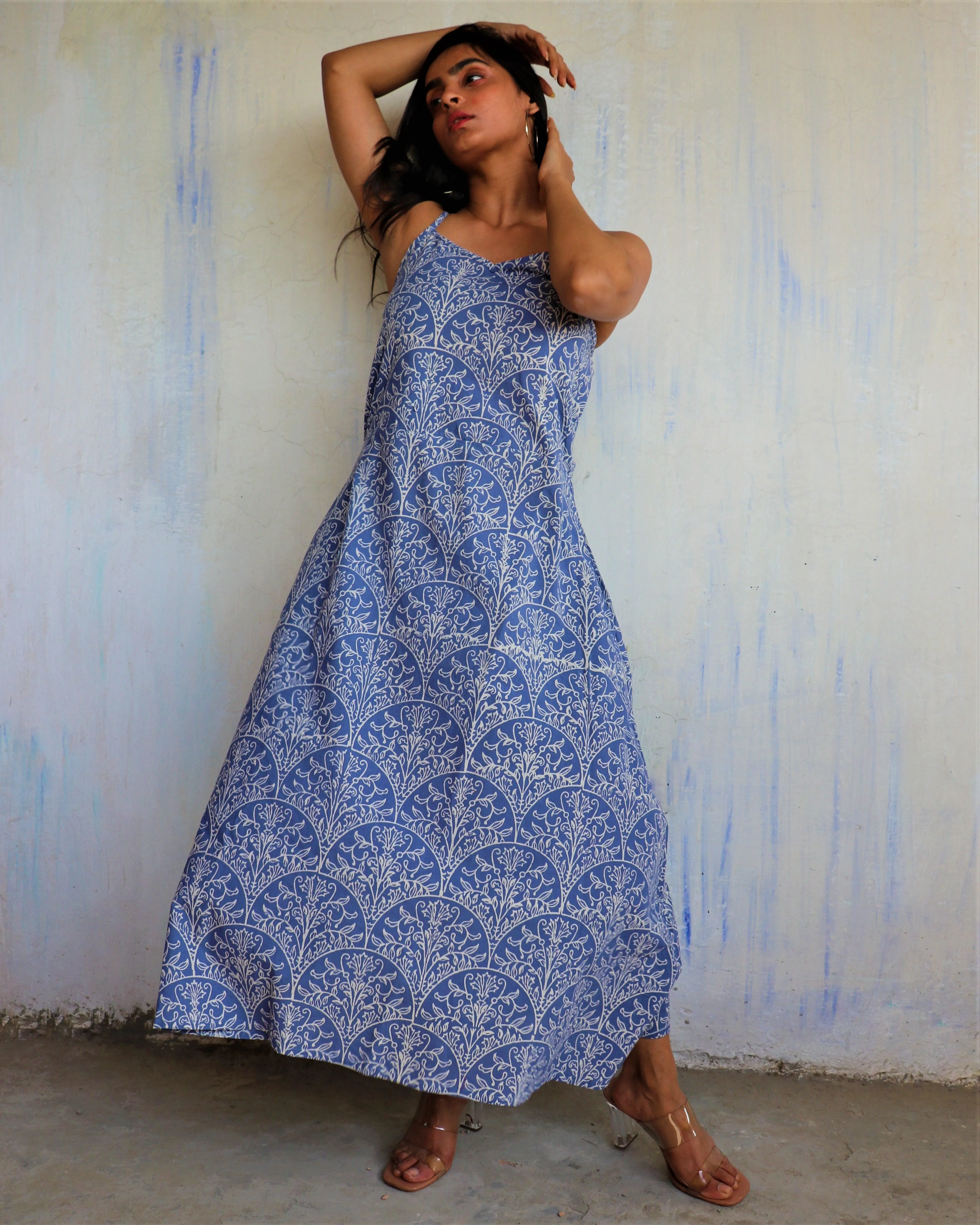 Yale Blue Sleeveless Block  Printed Cotton Dress - Ib