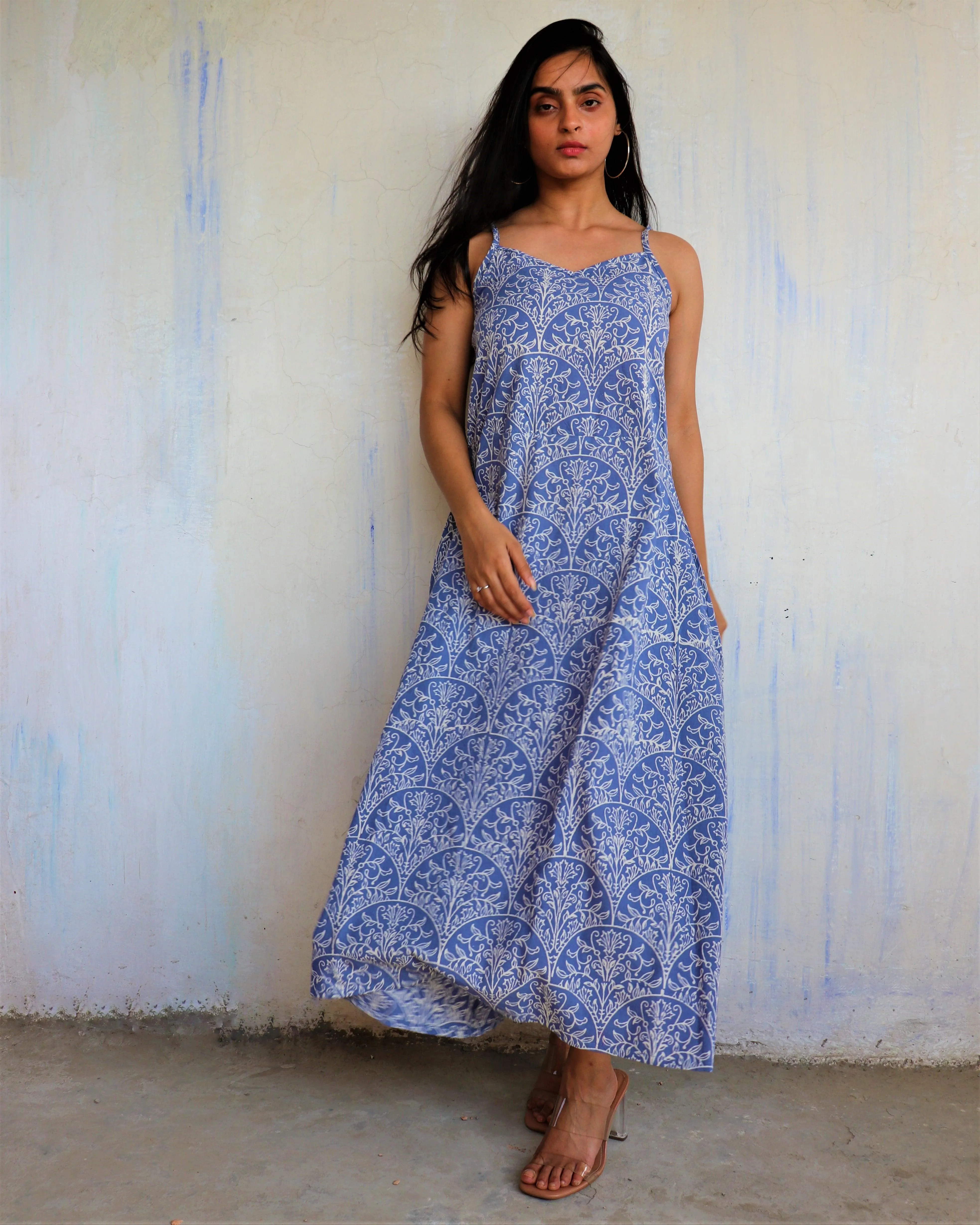 Yale Blue Sleeveless Block  Printed Cotton Dress - Ib