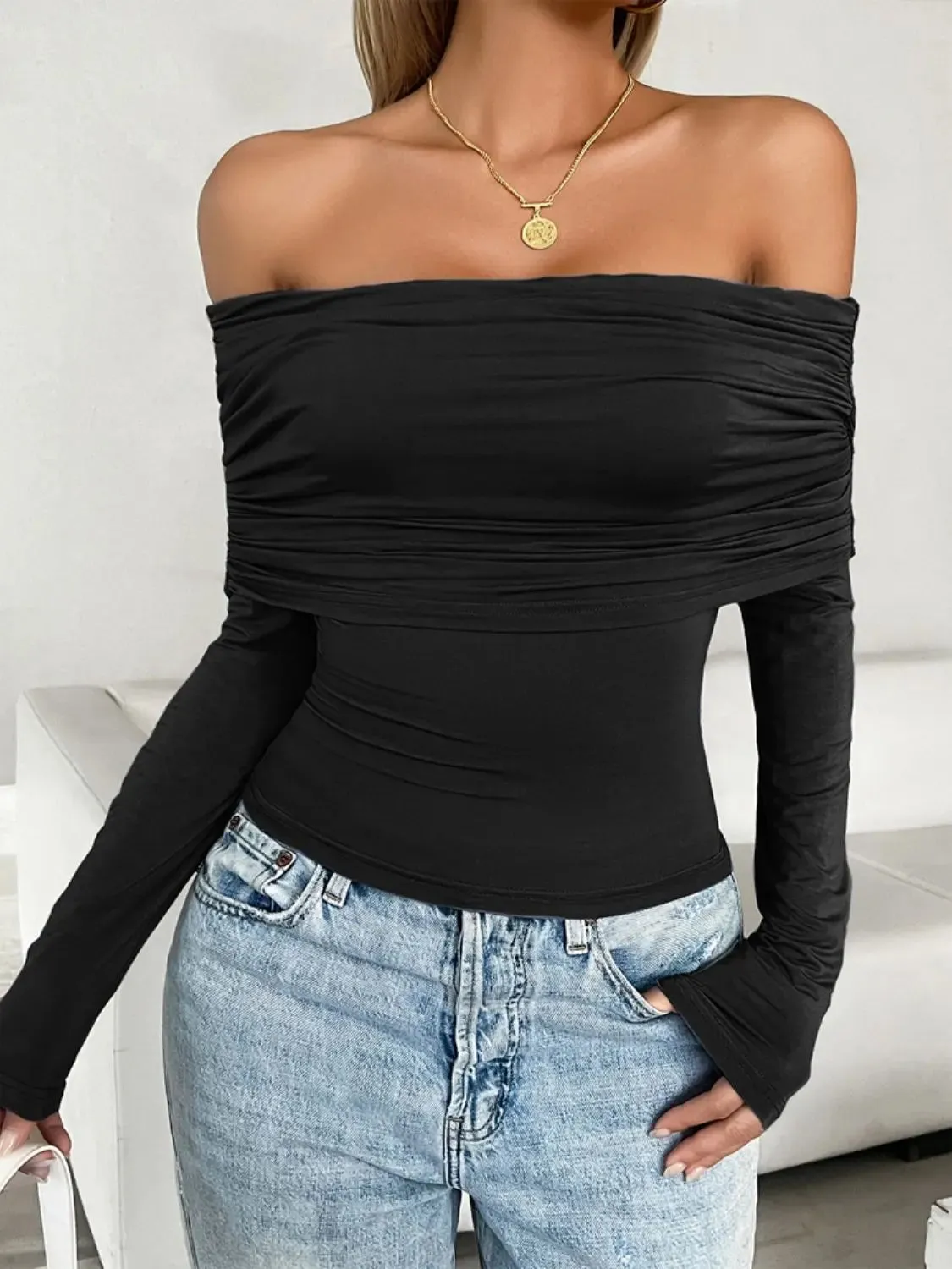 'Yarrow' Off Shoulder Ruched Crop Top