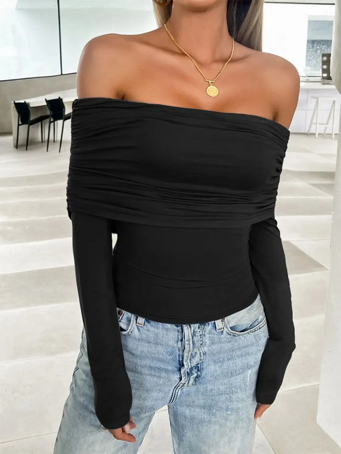 'Yarrow' Off Shoulder Ruched Crop Top
