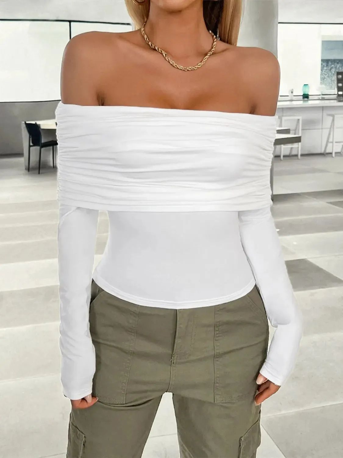 'Yarrow' Off Shoulder Ruched Crop Top
