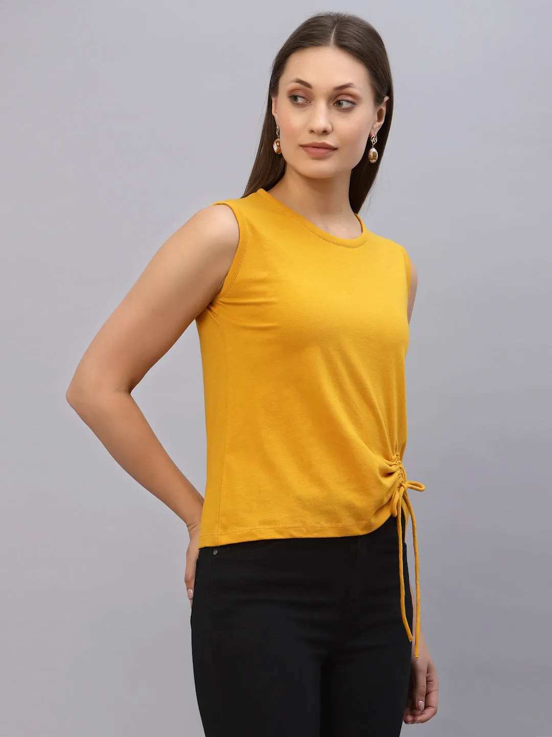 Yellow Sleeveless Drawstring Round Neck Sleeveless Top