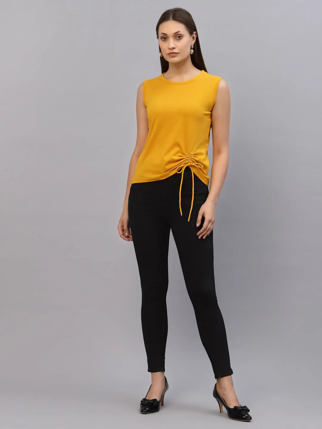 Yellow Sleeveless Drawstring Round Neck Sleeveless Top