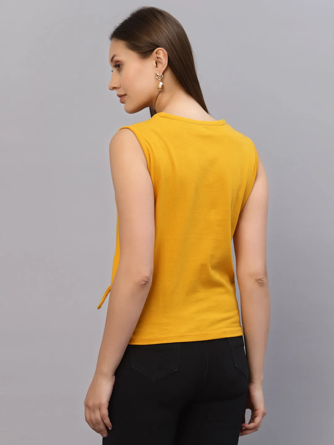 Yellow Sleeveless Drawstring Round Neck Sleeveless Top