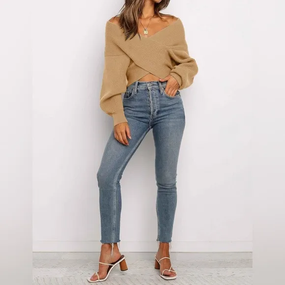 ZCSIA Wrap V Neck Cropped Sweater 2024 Fall Cross Front Off Shoulder Tops