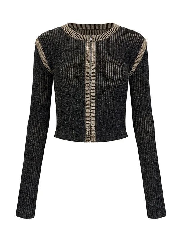 Zip Slim Bi-Color Chic Modest Crew-Neck Rib-Knit